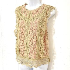Anthropologie Eri + Ali Lace Top SIZE M Ecru with ROSE LINING Tank GORGEOUS